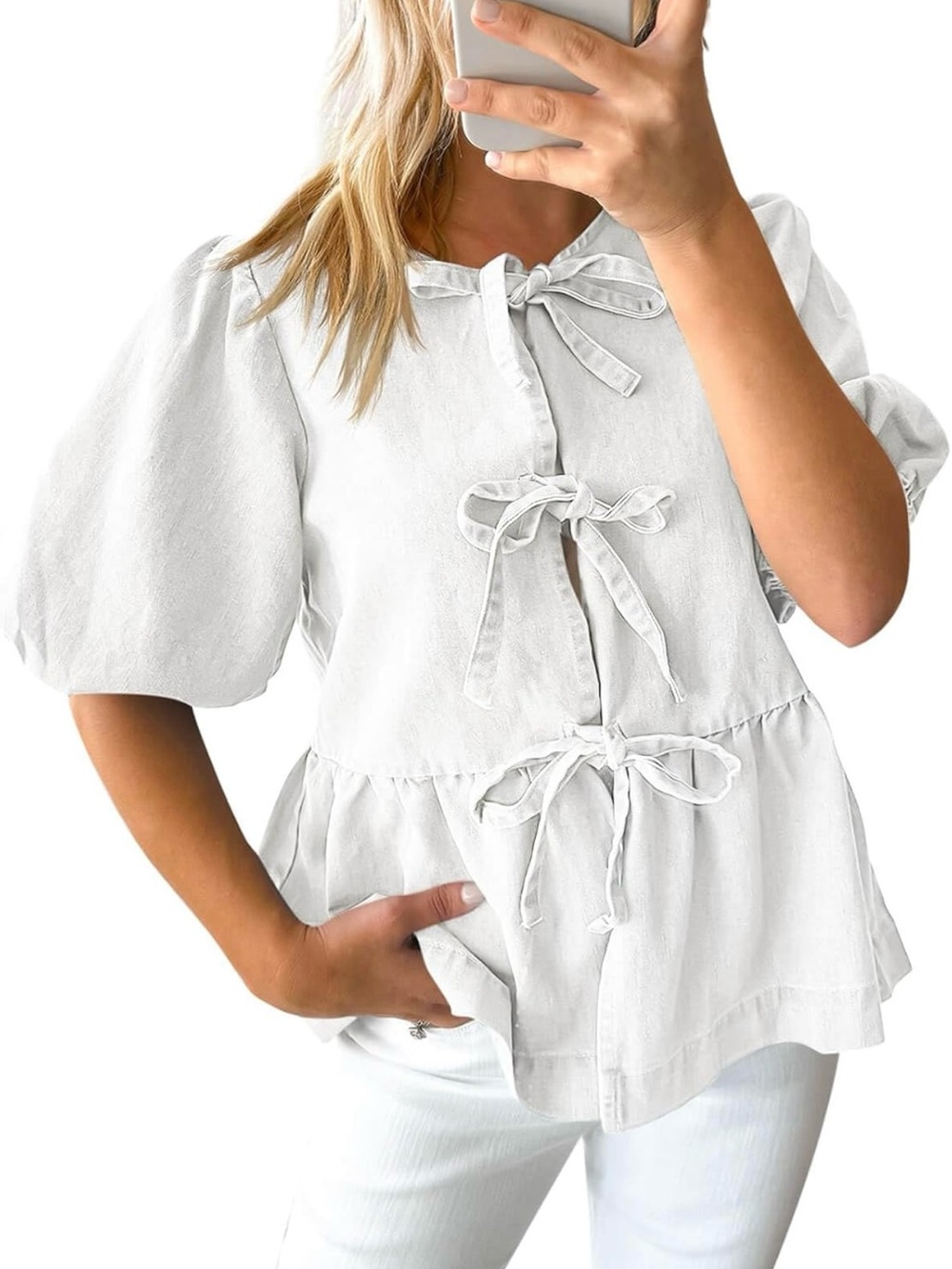 Women’s White Tie-Front Peplum Blouse